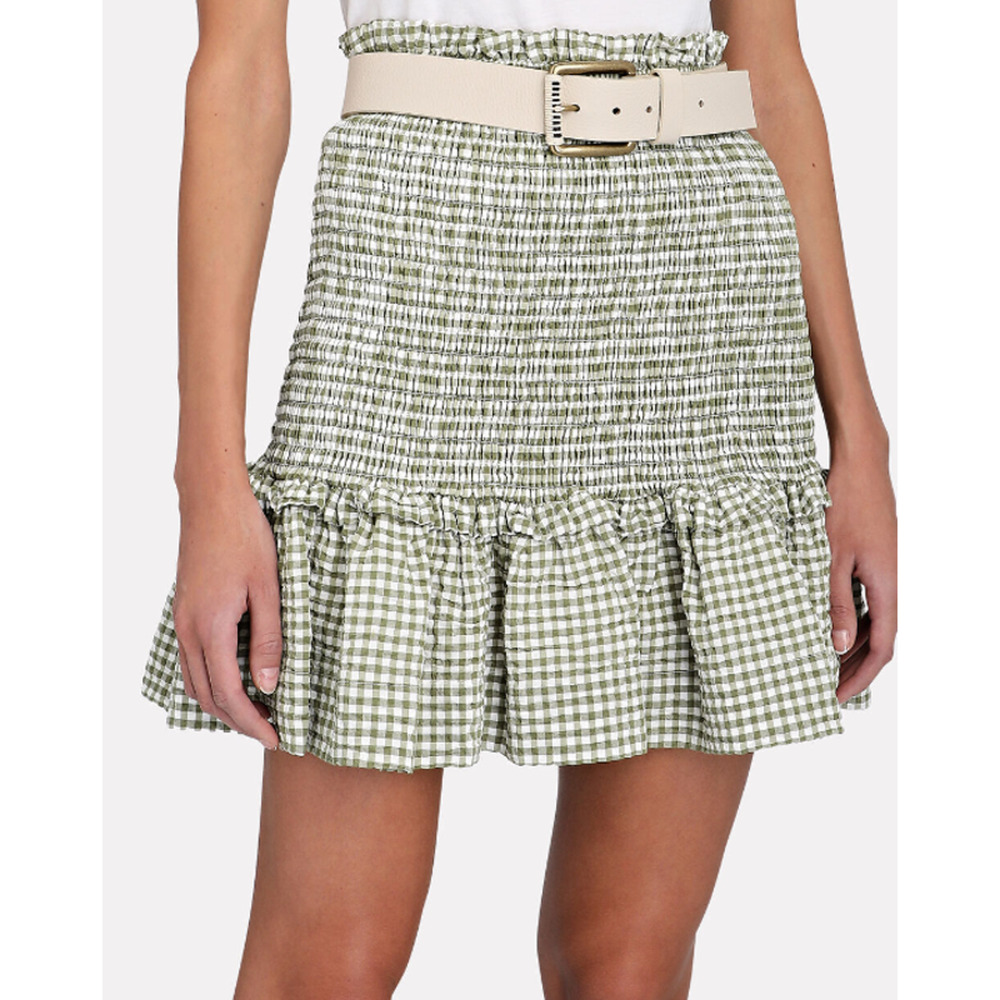 VERONICA BEARD Skirt XL Aloya Mini Green White Gingham Lined Smocked Ruffle NWOT